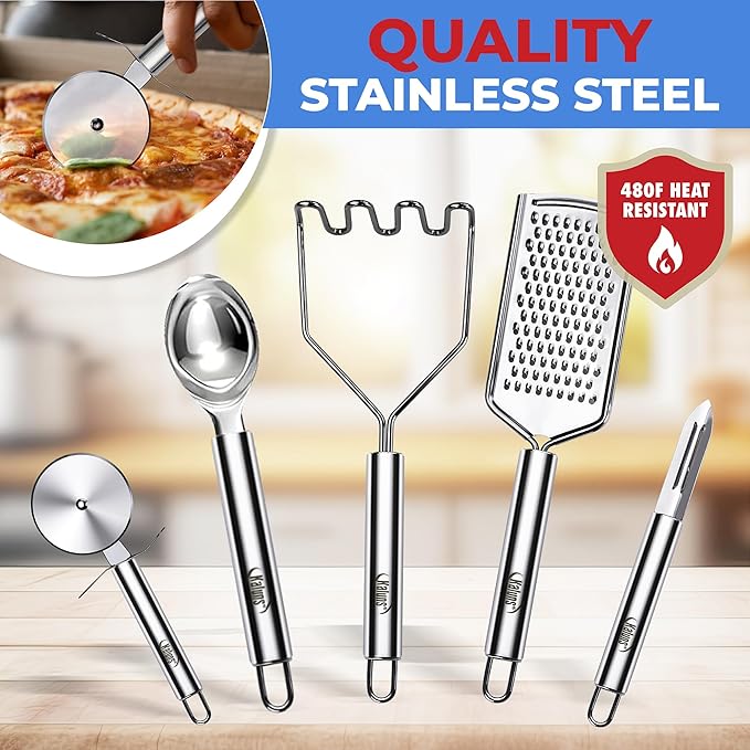 Kaluns 50 PCS Silicone Kitchen Utensils Set Complete Kitchen Set - 800°F Heat Resistant Non-Stick Premium Cooking Utensils W Wooden Handles - Can Opener, Masher, Turner, Silicone Spatula Set