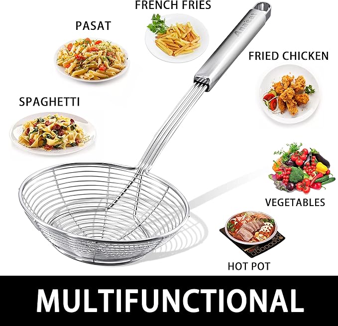 Anaeat Stainless Steel Spider Strainer Skimmer - Solid Kitchen Strainer Ladle with Long Handle for Cooking and Frying, Reinforced Double Coil Slotted Spoons for Pasta, Noodle, Spaghetti (7 Inch)