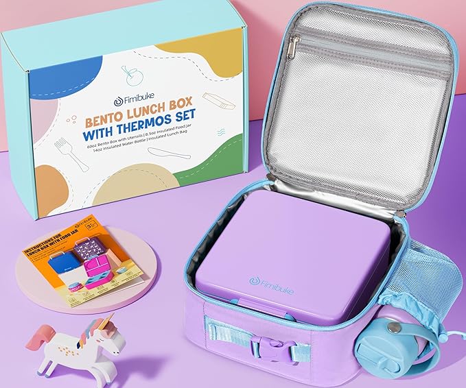 Fimibuke Kids Bento Lunch Box, Leakproof Toddler Bento Box with 8.5 OZ Insulated Food Jar, Lunch Bag, Kids Water Bottle, 3 or 4 Compartment Container for Back to School Toddler Girls Boys