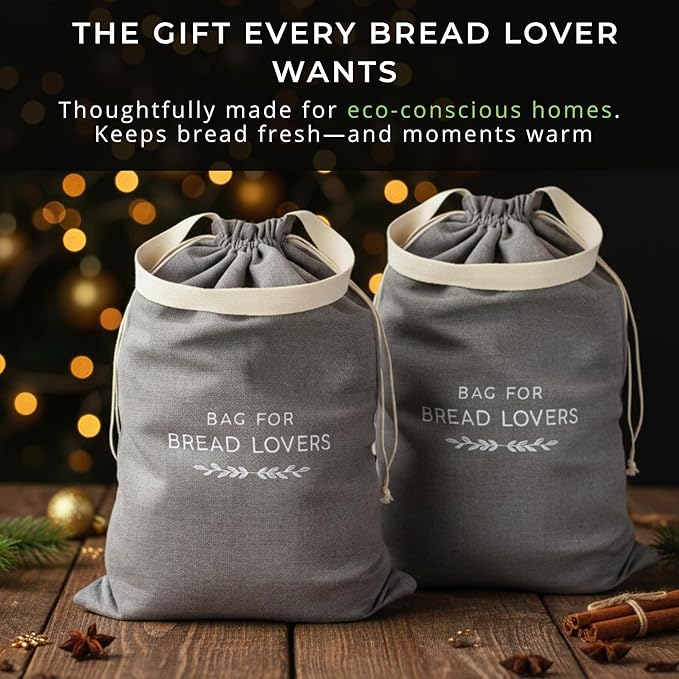 Linen Bread Bags for Homemade Bread – 2 Pack XXL Reusable Sourdough Bread Storage Bags, Keep Bread Fresh Longer, Grey Linen Bag with Drawstring and Handle, TPU Lining, Gifts for Bakers, Made in USA