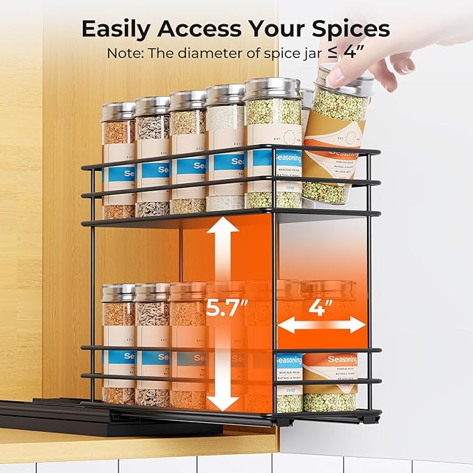 Pull Out Spice Rack Organizer for Cabinet, Slide Out Spice Racks, Easy to Install, 4.0''Wx10.35''Dx8.26''H, 1 Drawer 2 Tiers(Black)