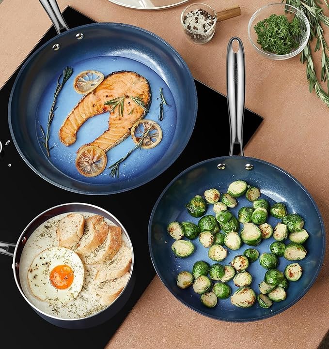 KOCH SYSTEME CS Non Stick Frying Pans, 10 Inch Frying Pan Nonstick with Lid, Frying Pan with Lid & Non Toxic Ceramic Coatings, Induction Compatible, Gradient Blue