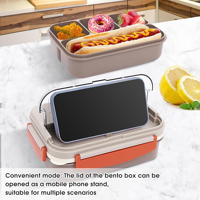 Bento box adult work lunch box, adult container, with 4 compartments, lunch container with cutlery (knife, fork, spoon, sauce box), animal fruit fork, microwave and dishwasher safe, Bee gray