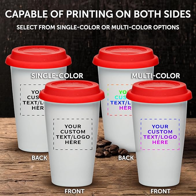 Personalized 11 oz. Double Wall Ceramic Tumblers with Lid - 12 Pack - Custom Text, Logo - Red