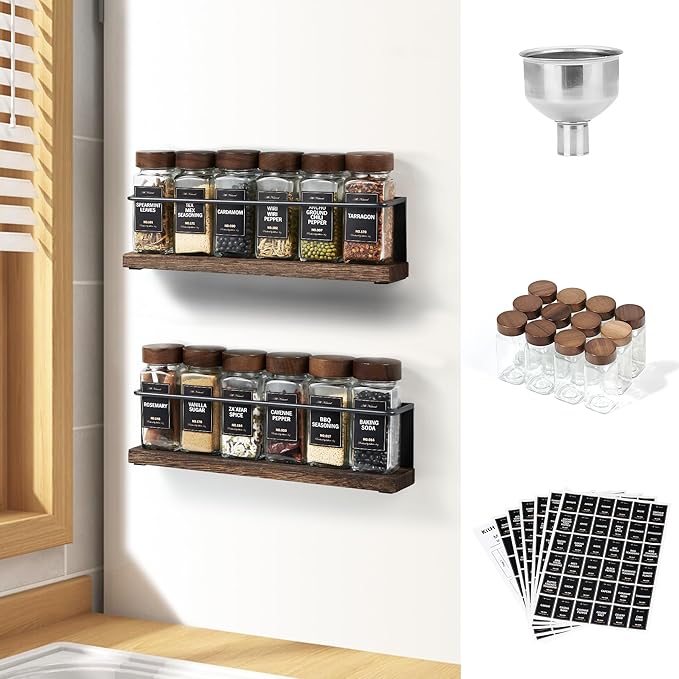 Wooden Lid Magnetic Spice Rack with 12 Jars, 216 Labels, 1 Steel Funnel for Refrigerator，Microwave Oven - Full Set of Spice Organizer