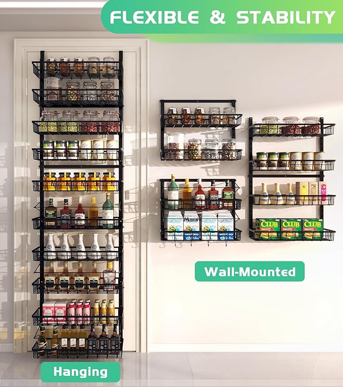 10-Tier Over The Door Pantry Organizer, Pantry Organization and Storage, Black Metal Hanging Adjustable Basket, Wall Spice Rack Seasoning Shelves, Home & Kitchen Essentials