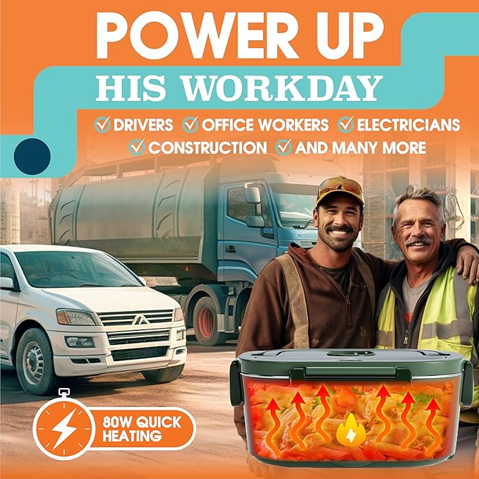 TRAVELISIMO Electric Lunch Box for Adults 80W Heated Lunch Box For Men 1.5L Stainless Steel Portable Food Warmer, 12/24/110V Electric Food Warmers for Travel & Work, Loncheras Para Hombres de Trabajo