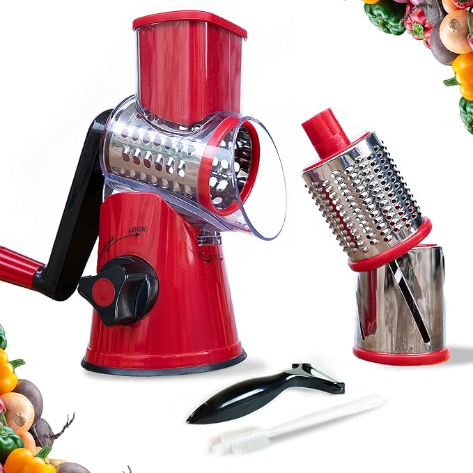 Rotary Cheese Grater with Handle - 3-in-1 Cheese Shredder - Easy to Clean Rotary Grater - Mandoline Vegetable Slicer Hand Crank - with Brush and Peeler - Red
