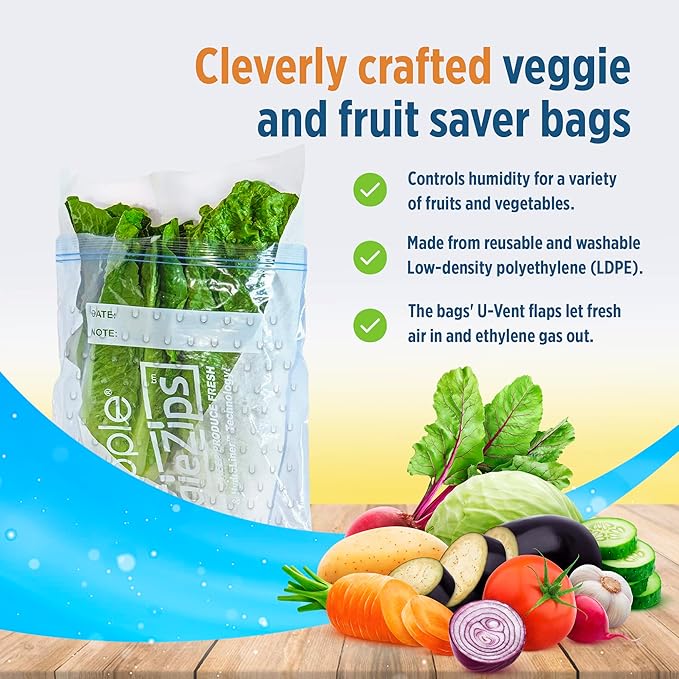 Bluapple Produce Saver Ethylene Gas Absorber & VeggieZips Ultimate Value Pack Produce Storage Preservation Kit - Keeps Fruit & Vegetables Fresher Longer, Regulates Humidity, & Reduce Waste