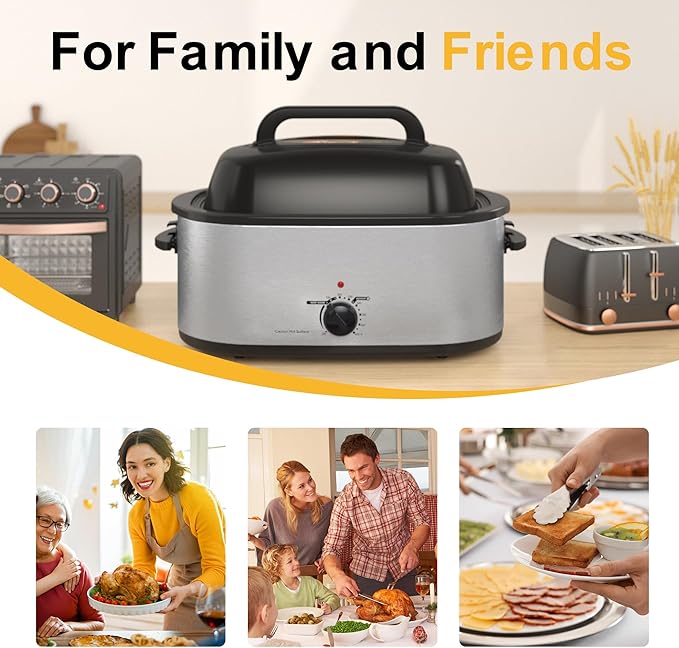 Roaster Oven 22Qt, Turkey Electric Roaster Oven Buffet with Self-Basting Lid, Removable Pan, Cool-Touch Handles, Stainless Steel, Silver