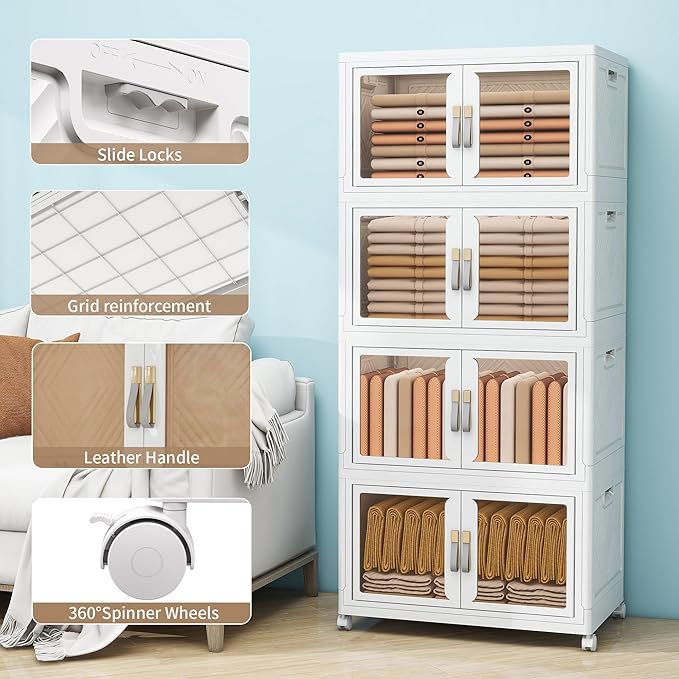 Large Stackable Storage Bins with Lids, 460QT-115QT*4Pack Foldable Cabinet for Closet Organizers, Plastic Storage Containers Box with Wheels