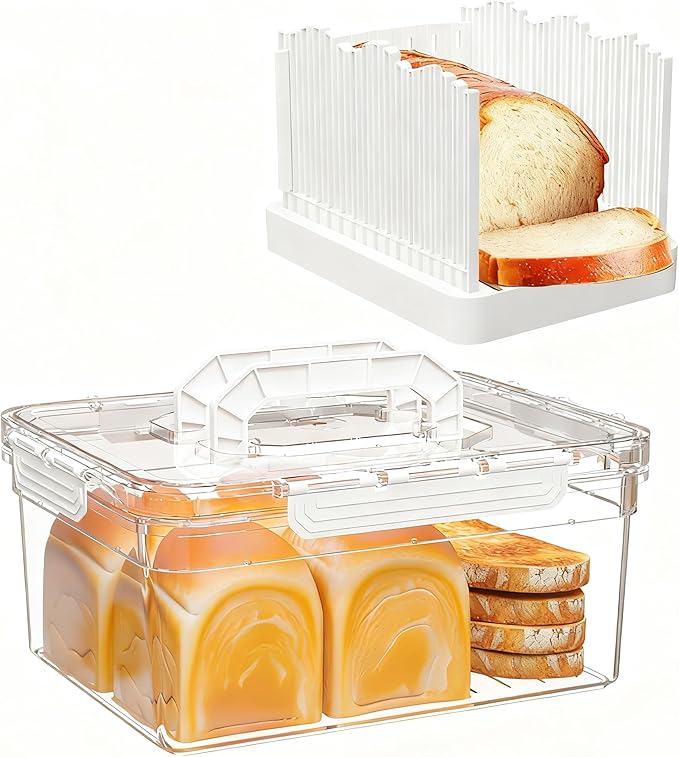 Bread Box with Slicer, Portable Airtight Bread Storage Container with Lid Handle for Kitchen Counter, Bread Keeper for Homemade Bread,Toast, Bagel, Cookies, White