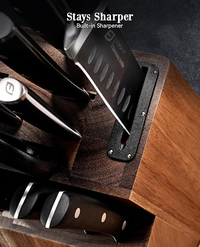 Emojoy Knife Set, Kitchen Knife Set with Block – 17 PCS German Titanium Steel Knives with Heavy-Duty Acacia Wood Block and Built-in Sharpener for Home Cooking, Dishwasher Safe