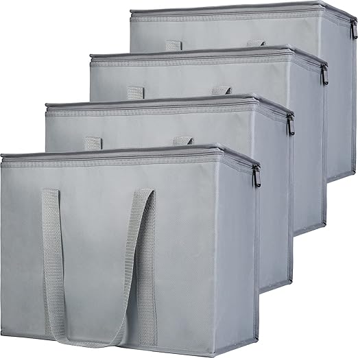 Bodaon 4-Pack Insulated Reusable Grocery Shopping Bags, X-Large Picnic Cooler Bag Zipper/Zippered Top Cold, Insulated Food/Pizza Delivery Bag, Grey