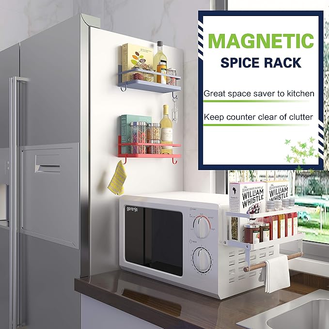 Thipoten Magnetic Spice Rack, Strong Magnetic Shelf with 2 Removable Hooks, Perfect Space Saver for Small Kitchen/Apartment, Awesome Metal Cabinet for Holding Spices, Jars, Bottle, Beve(Grey, 2Pack)