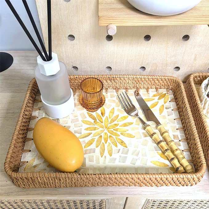 i-lan Set of 2 Rectangle Serving Trays with Mother of Pearl, 13" & 11.5" Woven Rattan Platters for Dining Entertainment, Centerpiece Displays, and Home Decor Accents