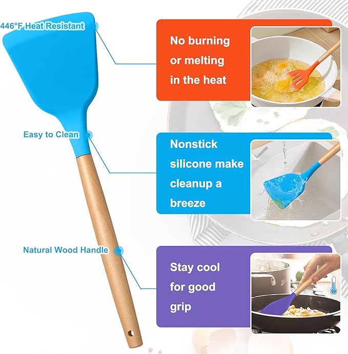 E-far Colorful Silicone Kitchen Utensils Set with Holder, 25-Piece Cooking Utensil Set with Wooden Handle for Nonstick Cookware, 446°F Heat Resistant Kitchen Tool Spatulas, Non-toxic & Healthy