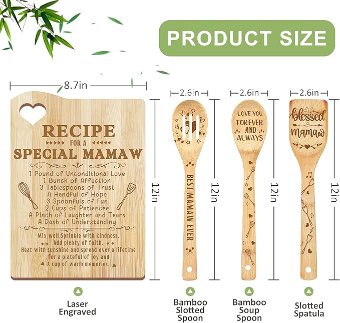 Christmas Mamaw Gifts, Gift for Mamaw Wooden Cutting Board with Cooking Utensils Set with Apron from Grandkids Kitchen Set