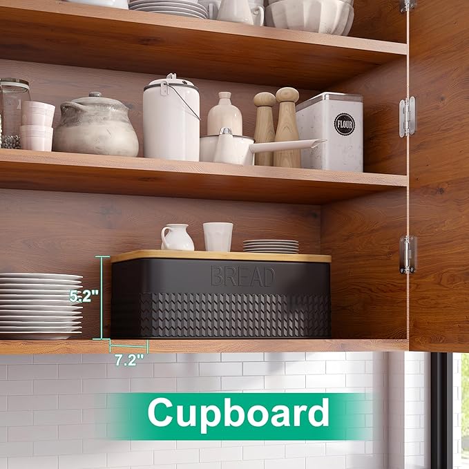 Black Bread Box for Kitchen Countertop, Large Bread Storage Container with Bamboo Lid, Iron Farmhouse Bread Box for Your House