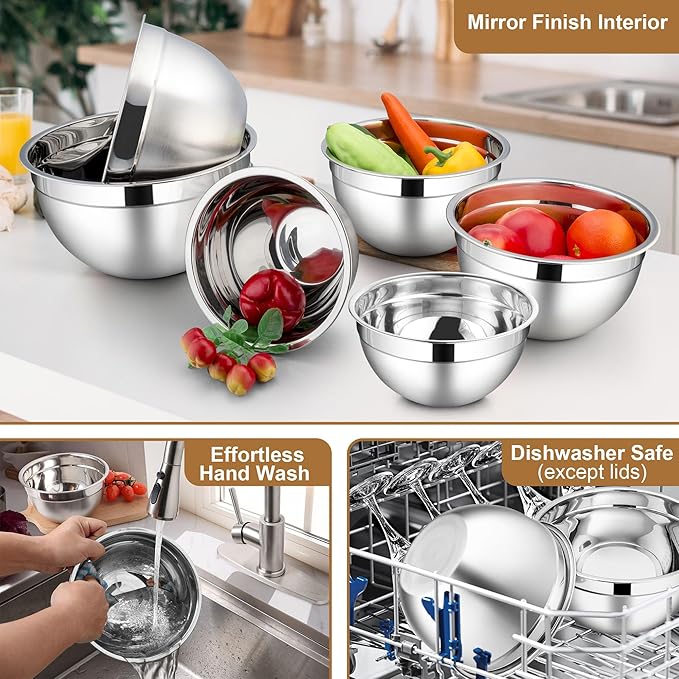 LIANYU 6 PCS Large Mixing Bowls with Visible Lids Set, Size 7, 3.5, 2.5, 2, 1.5, 1QT, Stainless Steel Kitchen Metal Nesting Bowls for Cooking, Baking, Serving, Freezer & Dishwasher Safe, Khaki
