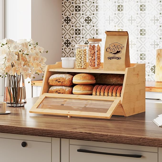 HOOBRO Large Bread Box, Bamboo Bread Box for Kitchen Countertop, Farmhouse Bread Storage Box with Acrylic Window, Bread Holder with Drop-Down Door, for Food Storage, Natural YL30MB01