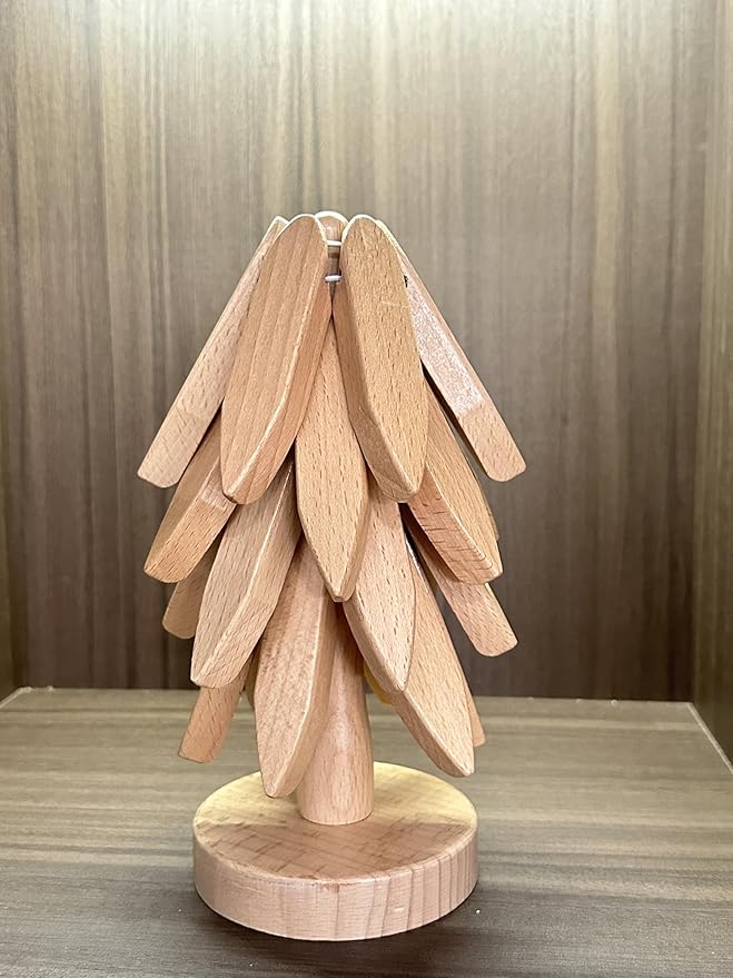 Wooden Trivets for Hot Dishes Mat Coasters Pot Plate Bowl Teapot for Kitchen Natural Foldable Stackable Christmas Tree (Beech Wood)