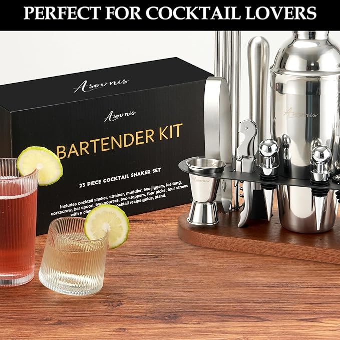 23-Piece Bartender Kit, Cocktail Shaker Set with Stand | Bar Drink Mixer Set with All Essential Bar Tools: Martini Shaker, Jigger, Strainer, Pourers, for Home, Bar, Party (Brown-y)
