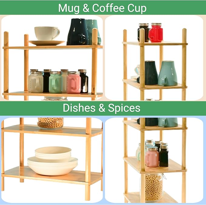 Expandable Bamboo Desktop Organizer Shelf Kitchen Cabinet and Counter Riser Display Shelf for Top of Desk Home Office Bathroom Coffee Table Display Stand- Useful Home & Housewarming Gift