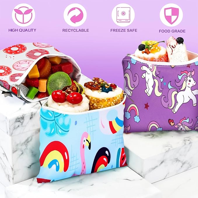 Chumia 6 Pcs Reusable Snack Bags Christmas Gifts Food Safety Washable Snack Bags Lunch with Zipper Portable Sandwich Bag Food Storage Pouch Double Layer(Lovely,7 x 7 Inches)