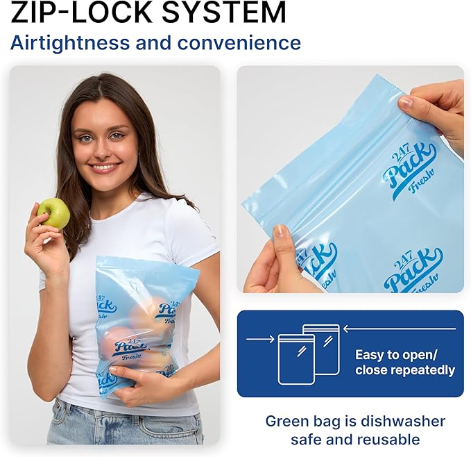 Freshpack 247 Zipper Bag 8×10 inches (0.5 gallon) Size S – Food Storage, Snack & Sandwich Bags, Helps Keep Produce Fresh up to 3× Longer – Biodegradable, BPA-Free, UV-Shielded, Washable, SGS Tested