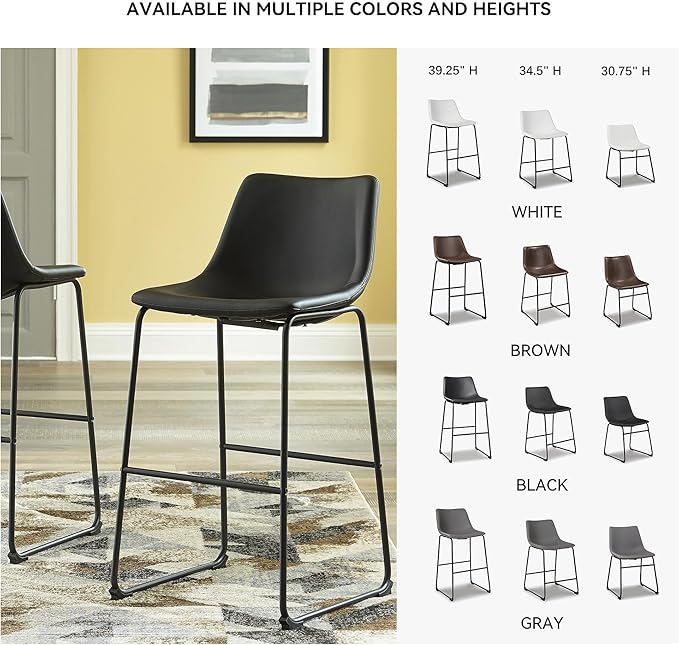 Signature Design by Ashley Centiar Casual Pub Height Bucket Seat Upholstered Bar Stool with Metal Base, Set of 2 , Faux Leather, 30" Seat Height, Black