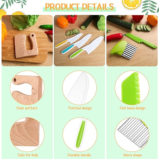 7 Pieces Christmas Wooden Kitchen Knife for Kids Include Plastic Potato Slicers Cooking Knives Serrated Edges Toddler Knife Kids Plastic Knife Resistant Gloves for Kitchen Children (Crocodile)
