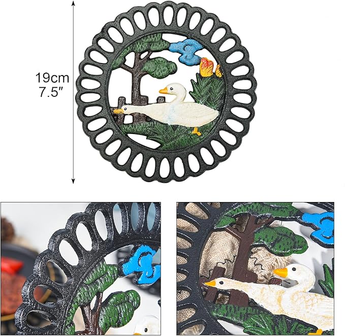 Sungmor Heavy Duty Cast Iron Trivet,Decorative Painting Trivet for Kitchen or Dinning Table,7.5x7.5 Inch - Round with Vintage Lovely Duck Pattern