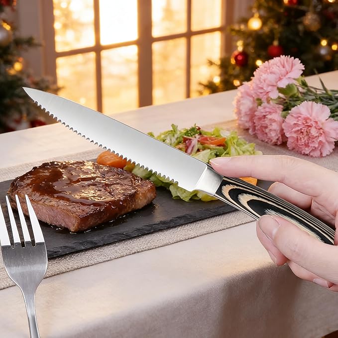 Serrated Steak Knives Set of 8, Stainless Steel Steak Knife Set with Pakkawood Handle, Fine Sharp Edge Dinner Knife with Gift Box, Steak Cutlery Set for Home Party