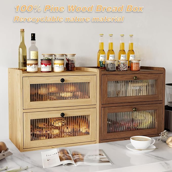 Double Layer Large Bread Box for Kitchen Counter, Wooden Corner Bread Storage Container with Acrylic Window, Original