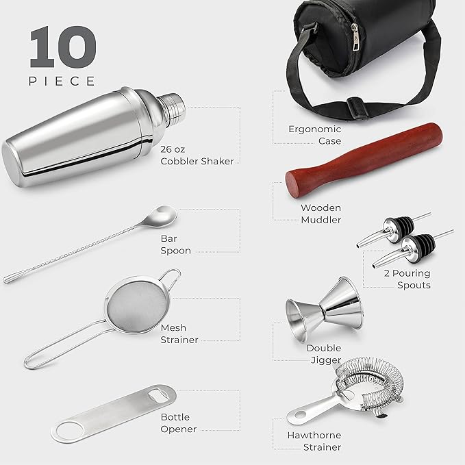 Bartender Kit & Cocktail Shaker – 10-Piece Stainless Steel Drink Mixer Set with Jigger, Strainer, Muddler & Bar Spoon, Travel Bag Included – Essential Home Bar Accessories