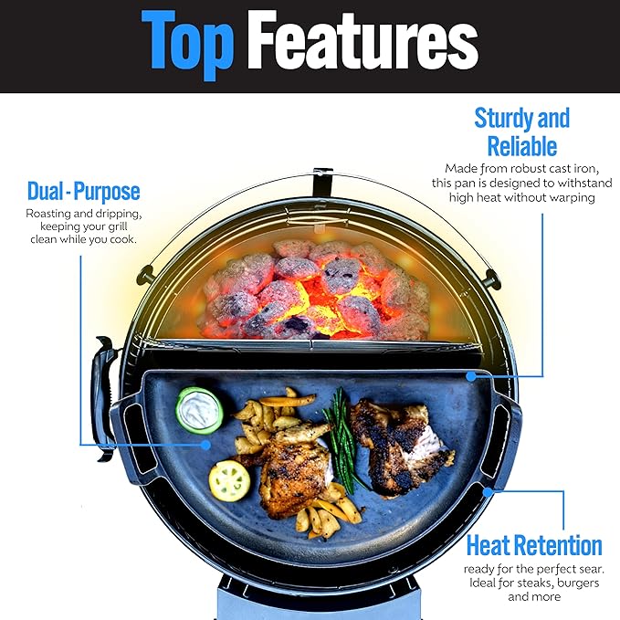 SnS Grills Slow ‘N Sear Cast Iron Drip 'N Griddle Pan 18", 3-in-1 Versatile Grill Accessory for Searing, Griddle and Drippings - Fits Weber & other 18” Kettle Grills