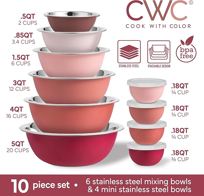 COOK WITH COLOR Stainless Steel Mixing Bowls Set - Nesting Bowls, 14 Pieces, Rose