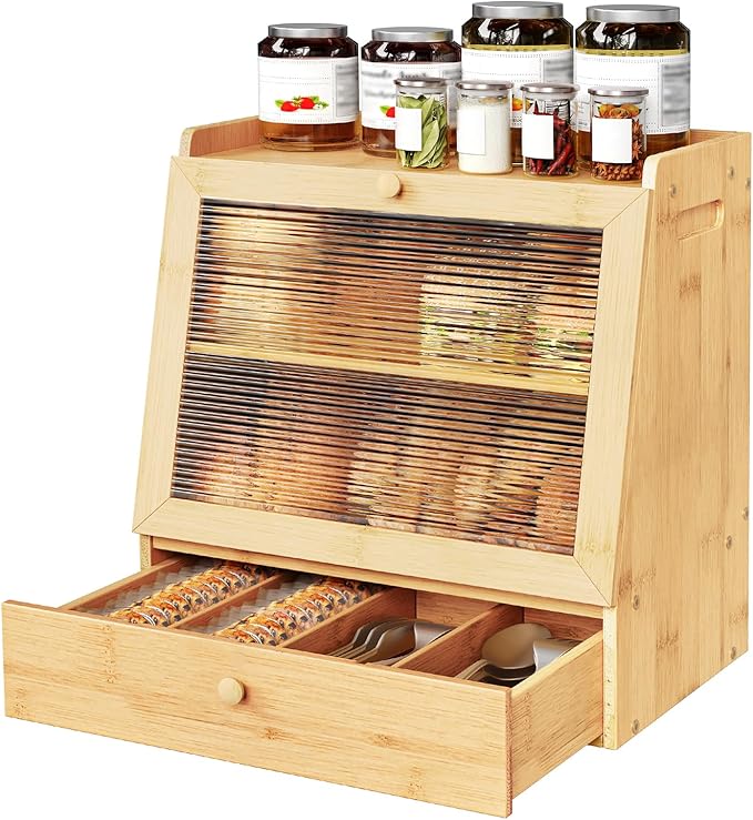 HOOBRO Bread Box, Bamboo Bread Box Storage Container with Drawer, 2-Tier Kitchen Countertop Food Storage Box with Acrylic Door, for Food, Natural YL21MB01