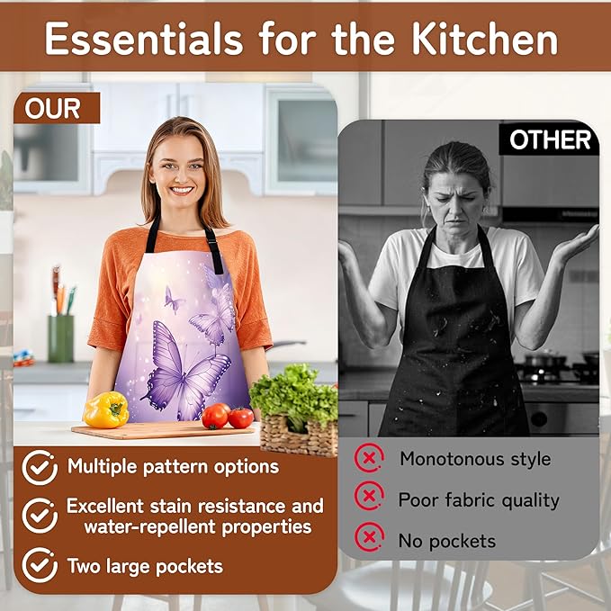 Kitchen Apron with Pocket,Waterproof Adjustable Neck and Long Ties, Cooking Baking Gardening Painting Apron for Women