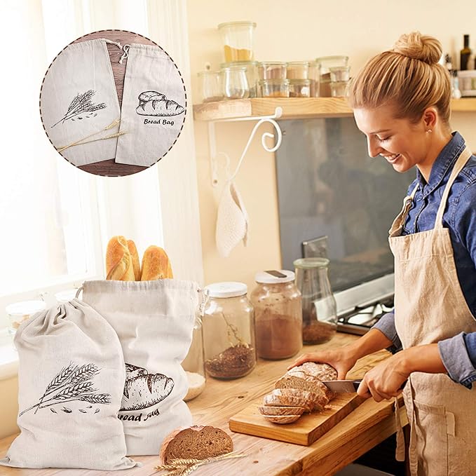 Augshy Linen Bread Bags for Homemade Bread Container, 4 Pcs 17.5 X11.5 Inches Unbleached & Reusable Bread Storage, Natural Large Storage for Artisan Bread