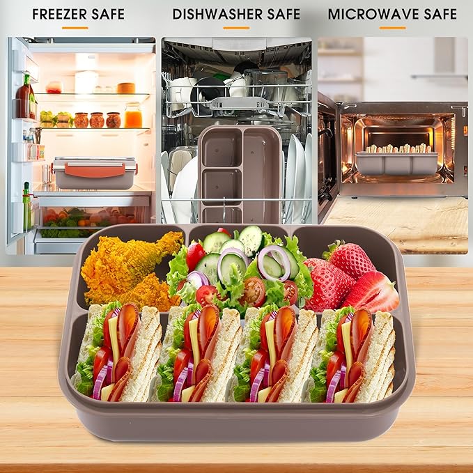 Bento box adult work lunch box, adult container, with 4 compartments, lunch container with cutlery (knife, fork, spoon, sauce box), animal fruit fork, microwave and dishwasher safe, Bee gray