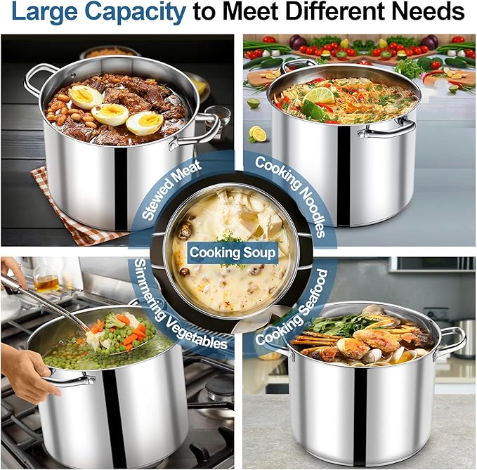 P&P CHEF 16 QT Stock Pot with Lid, Stainless Steel Large Cooking Pot, Soup Canning Stockpot for Stewing Simmering, Tri-ply Bottom for All Stoves, Heavy-Duty &Dishwasher Safe & Food-Grade