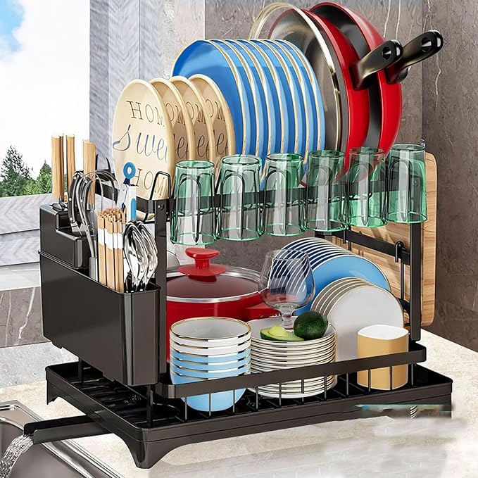 2 Tier Dish Racks for Kitchen Counter and Sink - Large Dish Drying Rack with Drainboard & Utensil Holders - Stainless Steel Dish Drainers Kitchen Organization and Storage for Space Saving (Black)