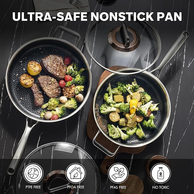 Hybrid Nonstick 5-Quart Sauté Pan,Frying Pans Nonstick with Lid,Stay-Cool Handle,11 Inch Deep Frying Pan,PFAS PFOA PTFE Free,Dishwasher-Friendly,Oven-Safe,Compatible with All Cooktops