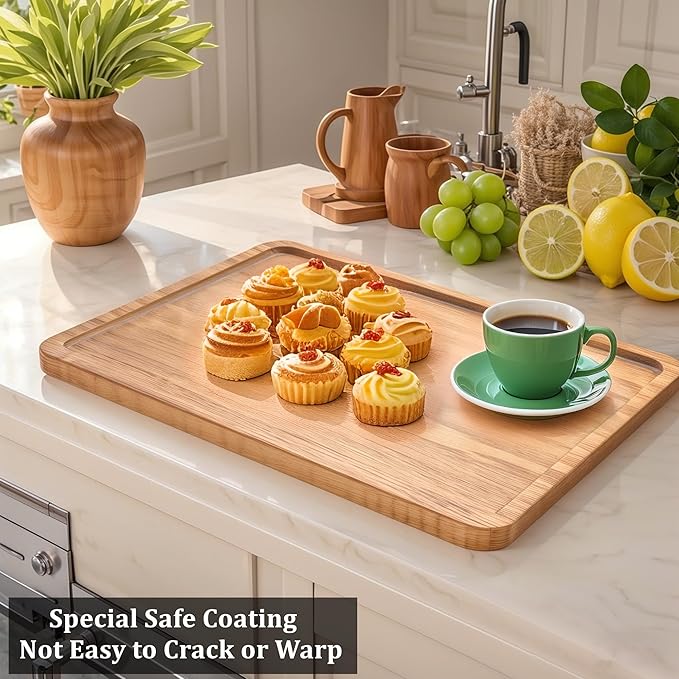 Wood Tray for Coffee Tea Extra Large Wooden Serving Tray for Food Fruit Snack Decorative Serving Platter, 17.7x13.8 Inches, Light Color
