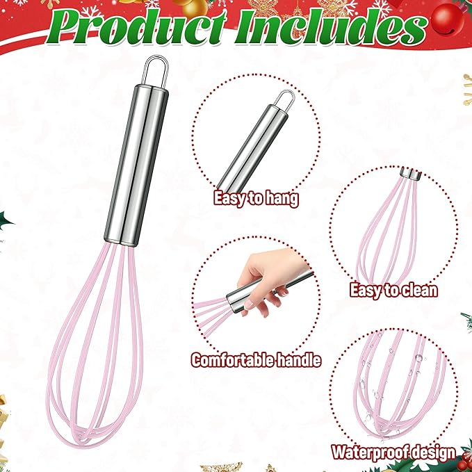 12 Sets 10 Inch Christmas Whisk Baking Gifts, DIY Fillable Christmas Tree Ornaments, Xmas Colored Silicone Whisks for Xmas Employee Neighbor Cooking Supplies Xmas Stocking Stuffers Candy Holder