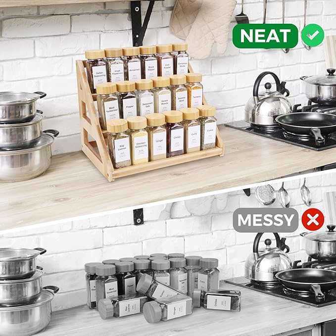 Spice rack,3-Tier Bamboo Spice Rack Organizer for Kitchen, Countertops & Pantries - Space-Saving Tiered Spice Rack