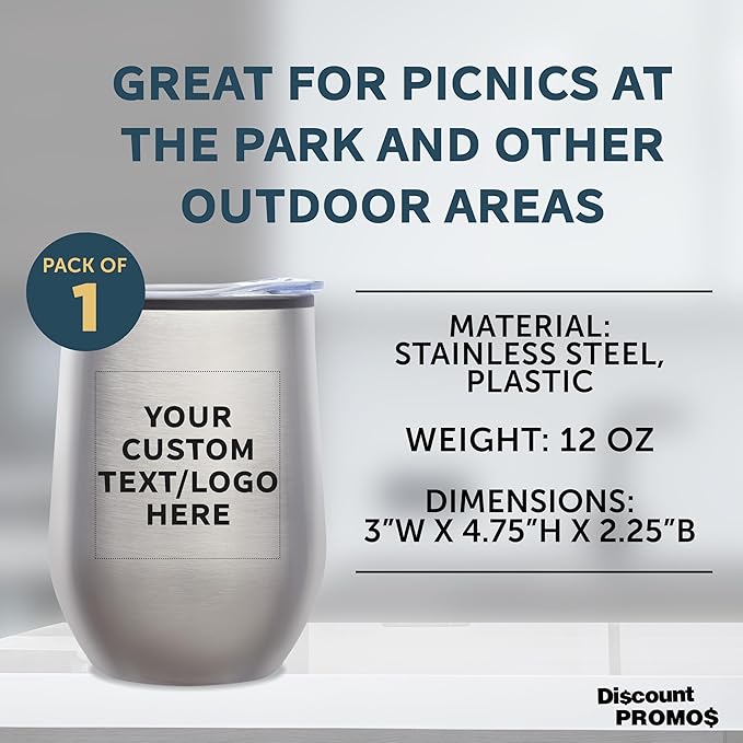 DISCOUNT PROMOS Custom Stemless Wine Tumblers 12 oz. Set of 1, Personalized Bulk Pack - Insulated, Perfect for Wine, Cocktails, Other Hot & Cold Beverages - Silver