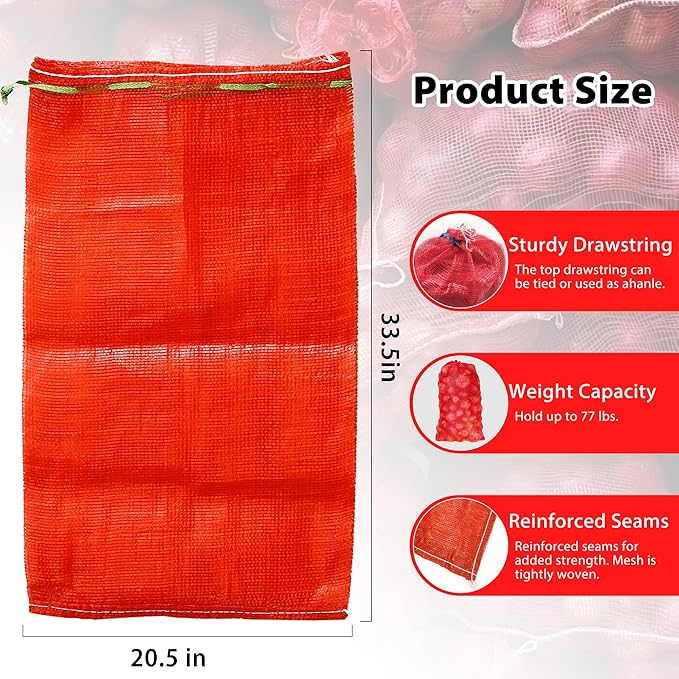 24 Pack 31'' x 20'' Mesh Onion Bags, Reusable Drawstring Fresh Produce Storage Bags for Onions, Vegetables, Potatoes, Citrus, Crawfish Firewood